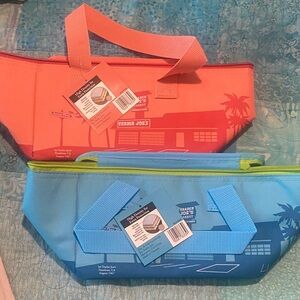 Trader Joe's Insulated Tote Bags in Coral and Blue set of 2 NWT